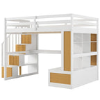 Natural+White Full Solid Wood Loft Bed with Desk & Drawers
