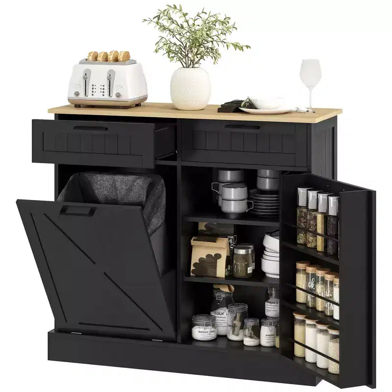 Mobile HOMCOM copri pattumiera con apertura a ribalta e cassetti, mobile da cucina in stile rustico con pattumiera nascosta per cucina