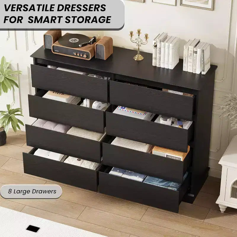 Meuble de rangement à 8 tiroirs, commode à tiroirs profonds, grande armoire à plateau large pour le salon, le couloir ou la chambre d’enfant