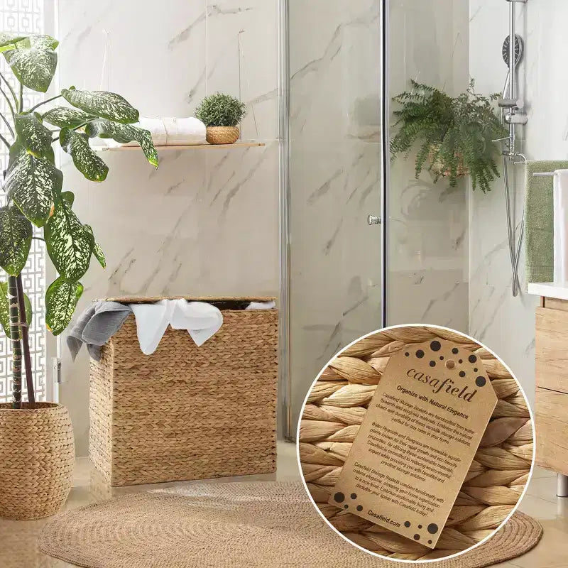 Cesto portabiancheria Casafield a 2 scomparti con coperchio e sacchetti foderati rimovibili, selezionatore in giacinto d'acqua intrecciato per i vestiti