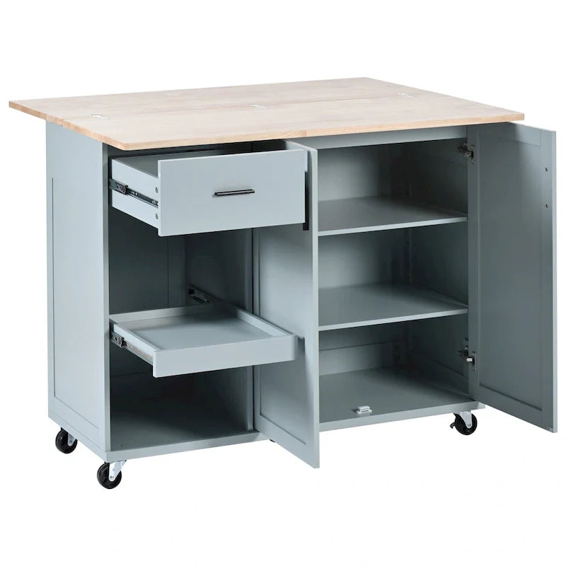 Isola da cucina con piano di lavoro pieghevole, carrello portaoggetti da cucina con ripiano estraibile, portasciugamani e cassetto, ruote girevoli