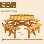Ensemble de pique-nique et repas rond pour terrasse extérieure en bois de sapin, 8 personnes, avec 4 bancs intégrés et trou pour parasol
