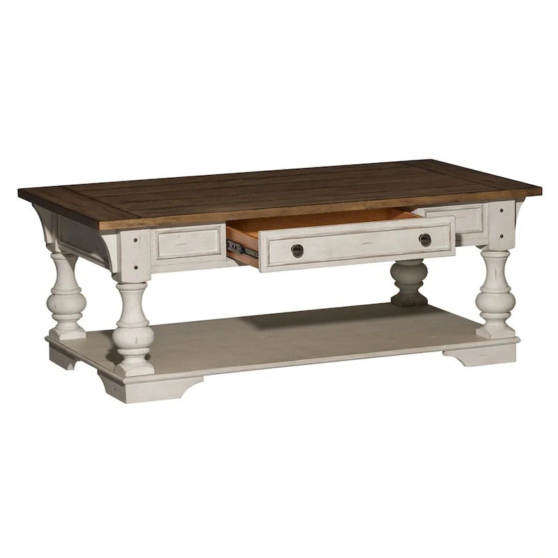 Table basse Morgan Creek blanc antique avec accents brossés couleur tabac
