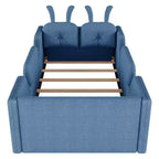 Letto a piattaforma singolo Whisen, struttura imbottita per letto a terra per bambini con cuscino a forma di coniglio e sponde laterali rimovibili
