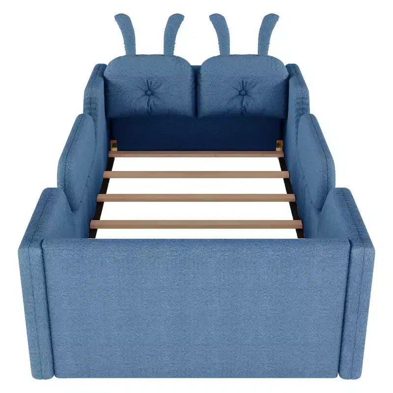 Letto a piattaforma singolo Whisen, struttura imbottita per letto a terra per bambini con cuscino a forma di coniglio e sponde laterali rimovibili