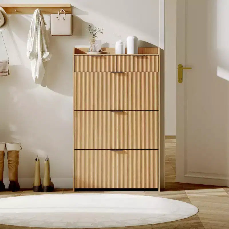 Scarpiera moderna bianca con 3 cassetti ribaltabili, 2 cassetti piccoli e ganci, organizer sottile scanalato per scarpe, mobile stretto per ingresso