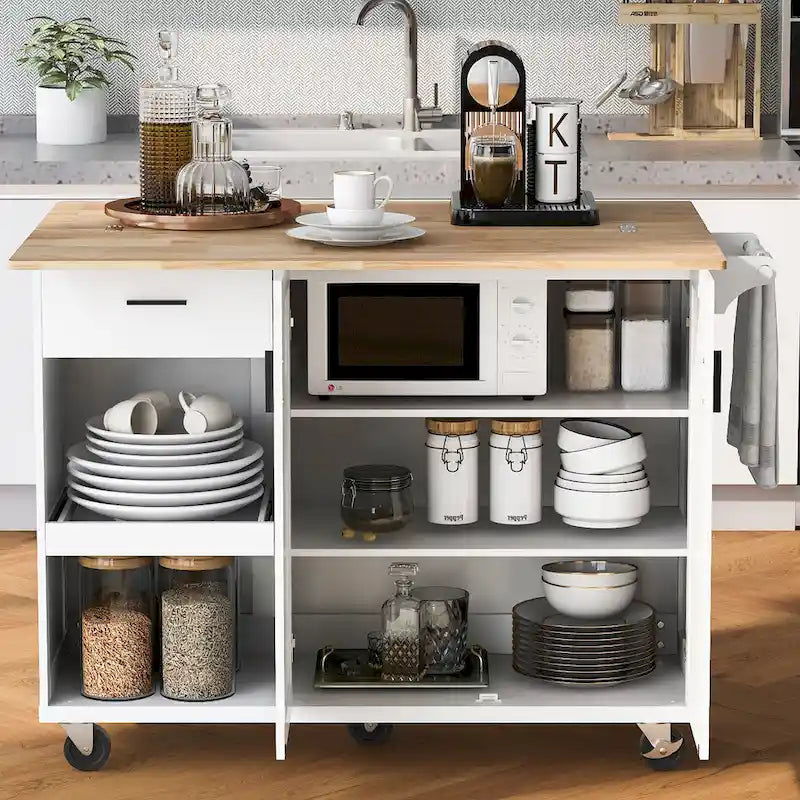 Isola da cucina con piano di lavoro pieghevole, carrello portaoggetti da cucina con ripiano estraibile, portasciugamani e cassetto, ruote girevoli