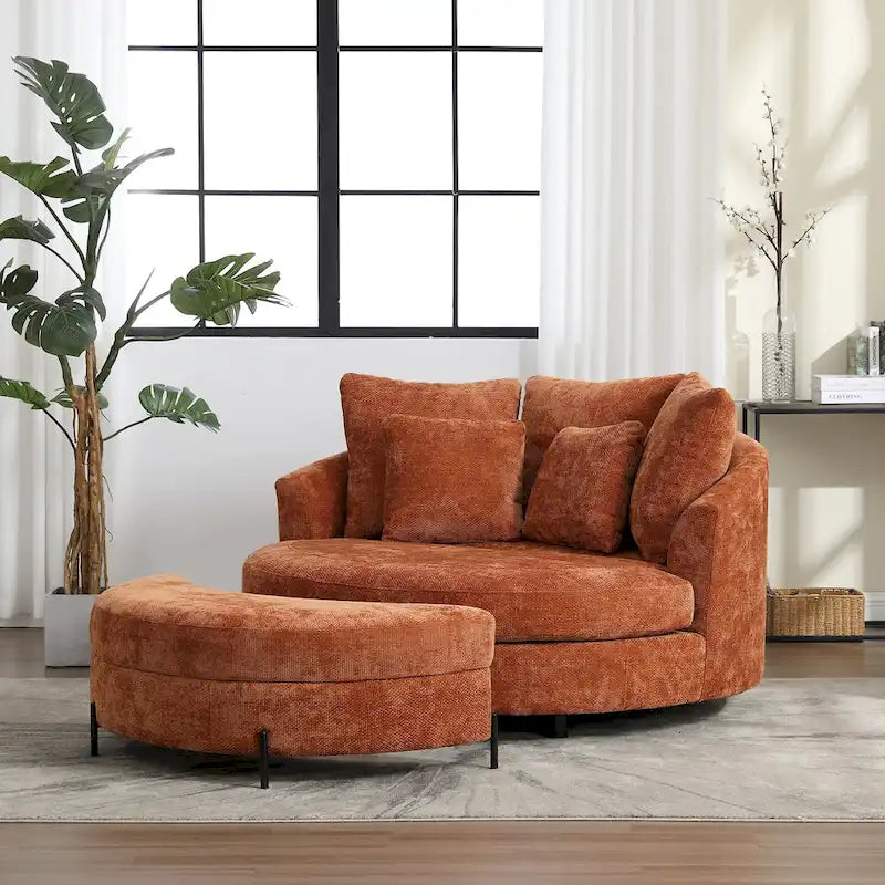 Fauteuil tonneau moderne rond avec 5 coussins et pouf en option