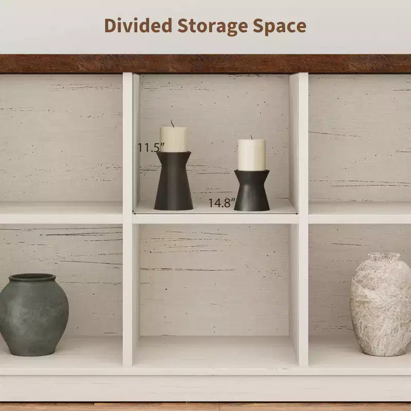 Libreria organizer con 8 scomparti, mobile orizzontale in stile rustico, libreria in legno da 62 pollici con vani portaoggetti per ingresso, libreria lunga e bassa per soggiorno