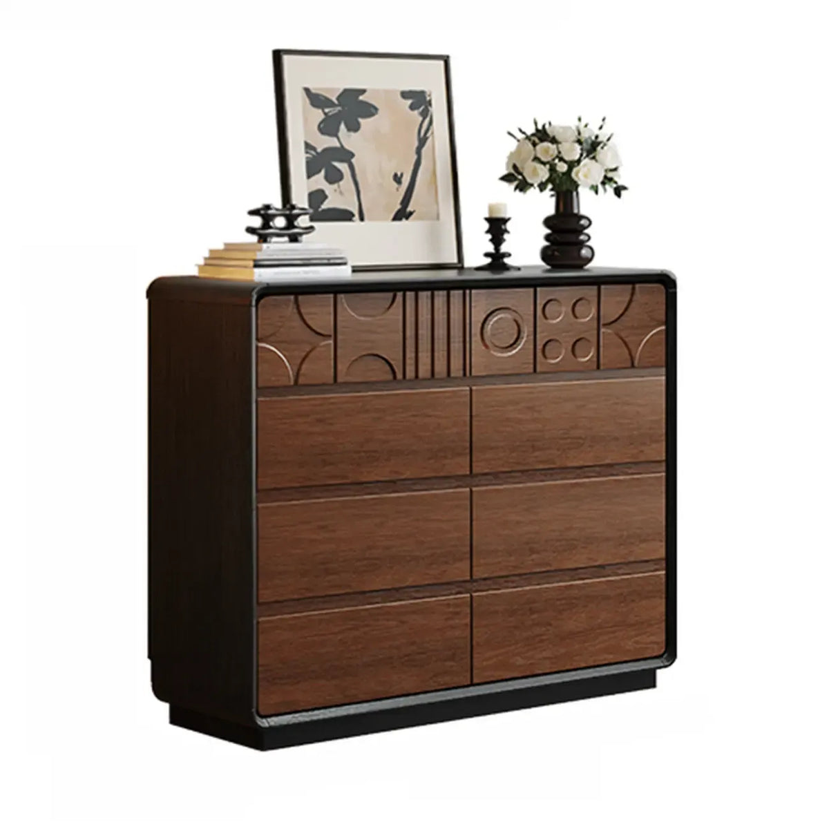 Commode en bois inspirée de l’Art déco avec motifs géométriques sculptés