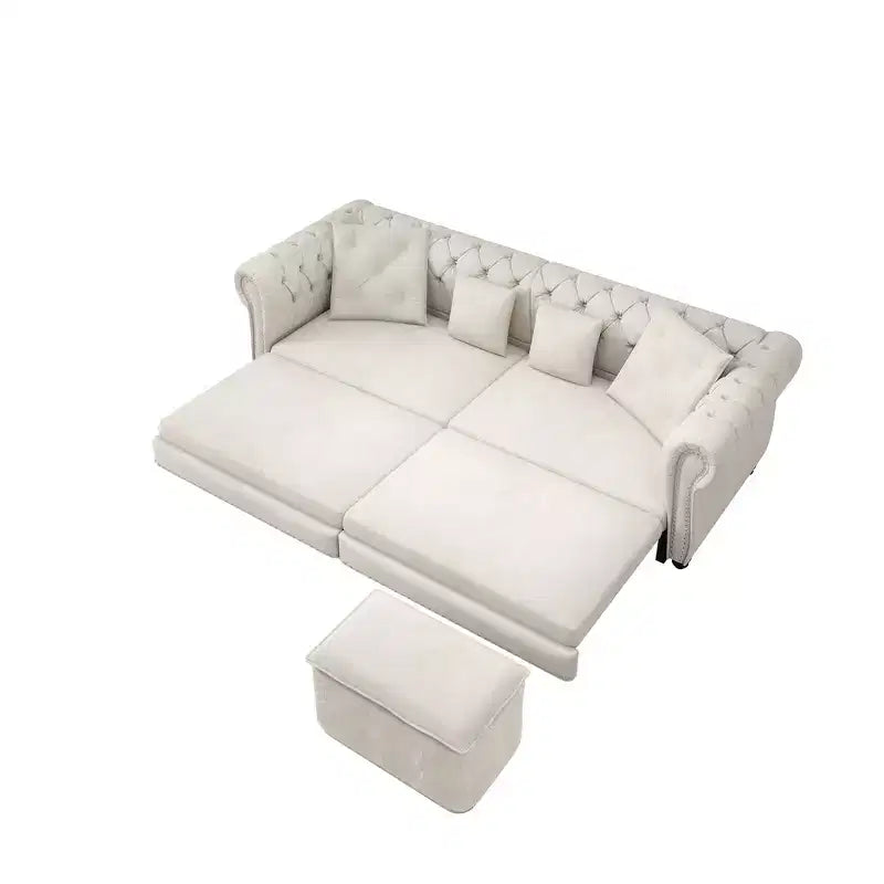 Canapé-lit escamotable et convertible Whisen en velours, format très grand lit, 3-en-1, avec ottoman amovible et design capitonné