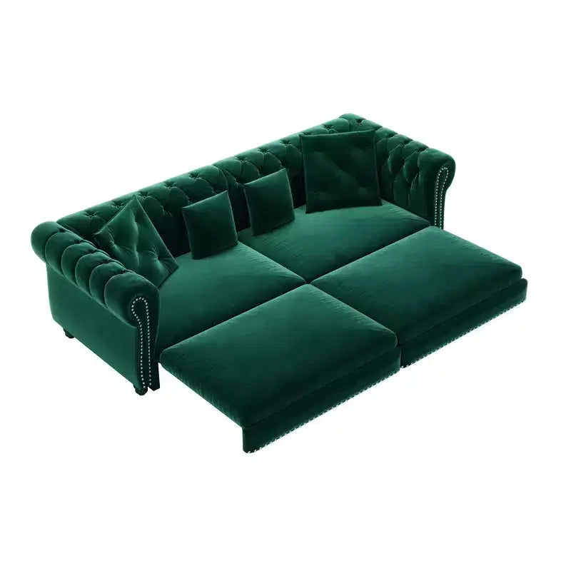 Canapé-lit escamotable et convertible Whisen en velours, format très grand lit, 3-en-1, avec ottoman amovible et design capitonné