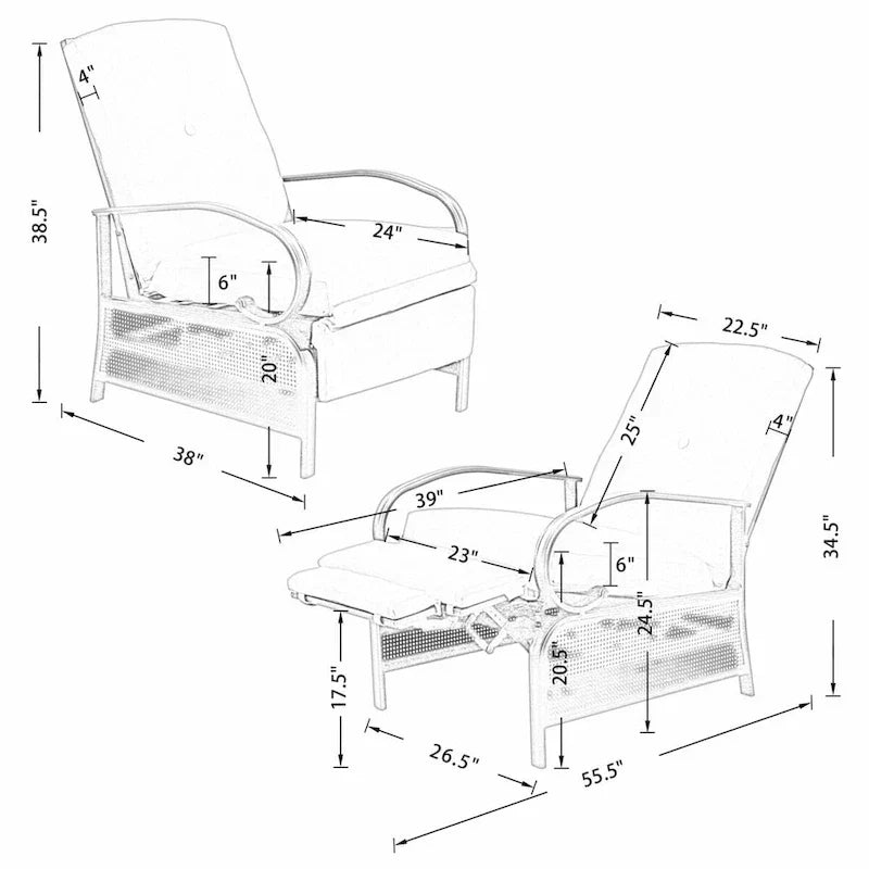 Poltrona reclinabile regolabile da giardino con cuscino - 38 (D) x 26.5 (W) x 38.5 (H) INCH