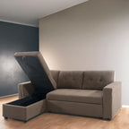 Divano componibile reversibile trasformabile con letto estraibile, chaise longue con contenitore nascosto e gambe resistenti