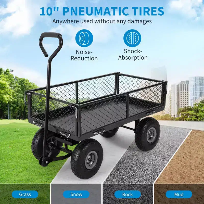 Carrello da giardino in acciaio per carichi pesanti, 500 libbre, carrello multiuso pieghevole con sponde in rete e rivestimento rimovibili, 10 pneumatici e maniglia di traino