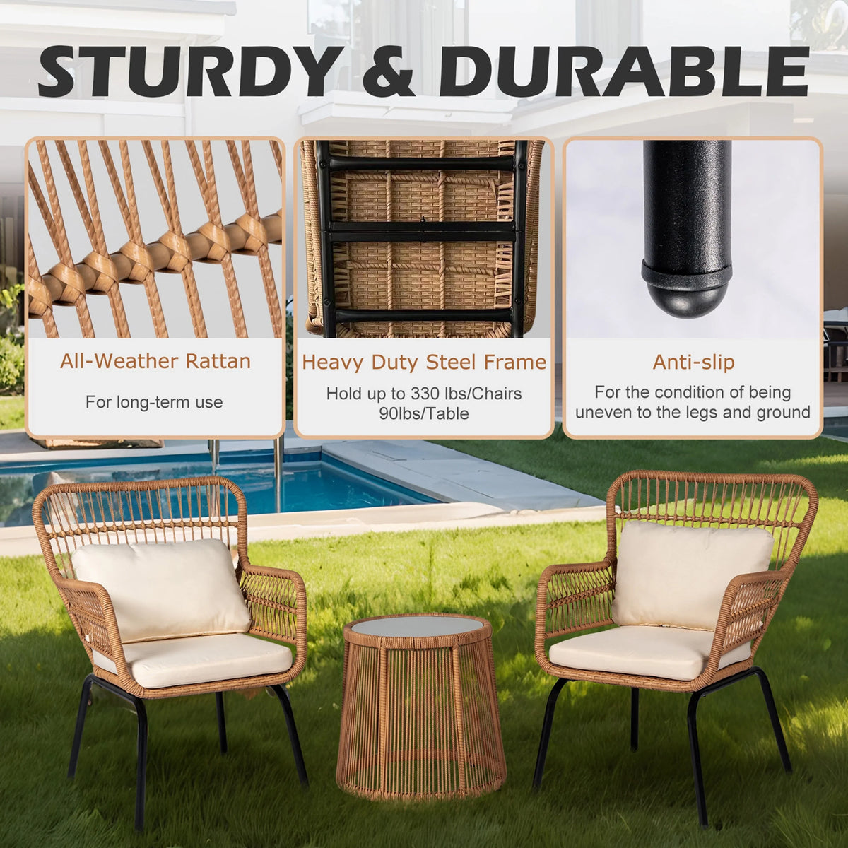 3 Piece Outdoor Wicker Conversation Bistro Set, All-Weather Rattan Furniture Patio Chairs Set with Cushions