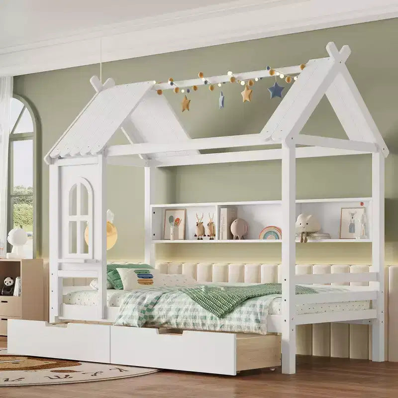 Haus-Hochbett mit Aufbewahrungsschubladen und Fenster, Rahmen aus Massivholz mit Regalen, kindlich-verspieltes Design, helles Weiß