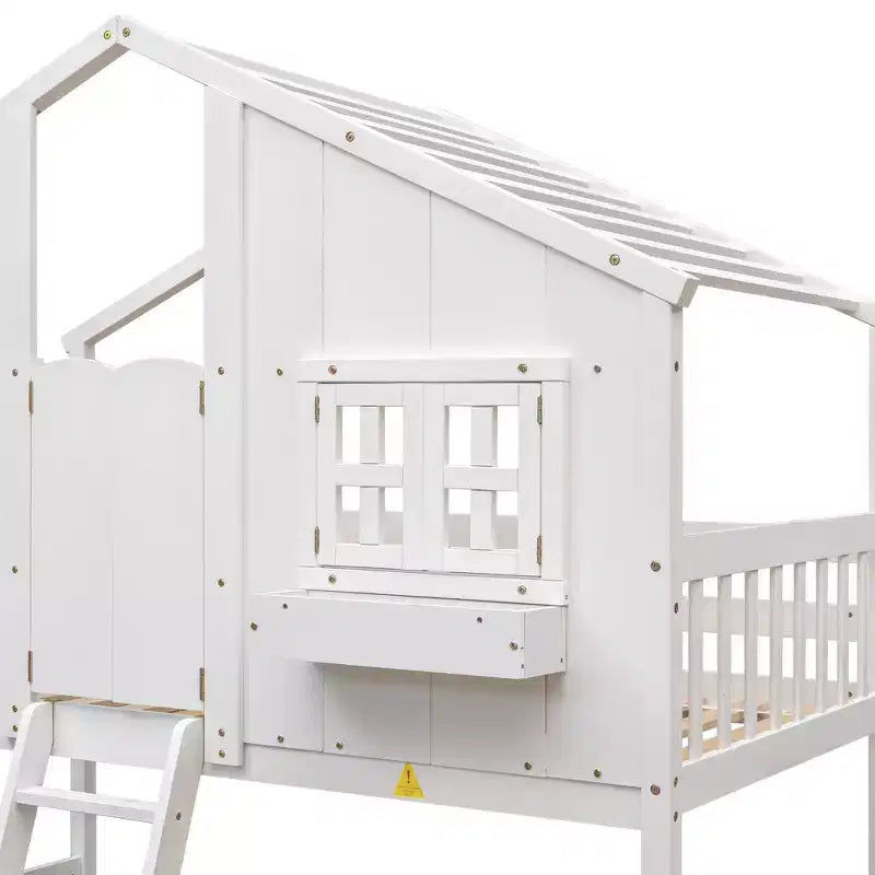 Letto a soppalco matrimoniale singolo a forma di casetta, letto rialzato in legno tipo casetta con scaletta e sponde di sicurezza per bambini
