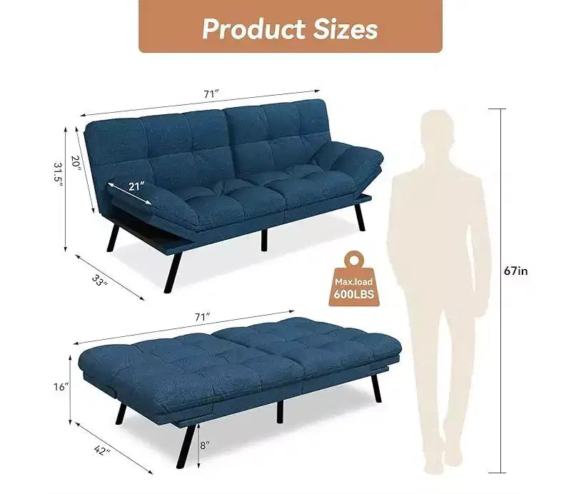 Canapé futon convertible en lit avec dossier réglable et accoudoirs amovibles