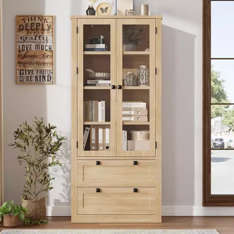 Dispensa da cucina in stile rustico con ante in vetro, mobile contenitore da 72 pollici con cassetti e ripiani regolabili per sala da pranzo, bagno e soggiorno