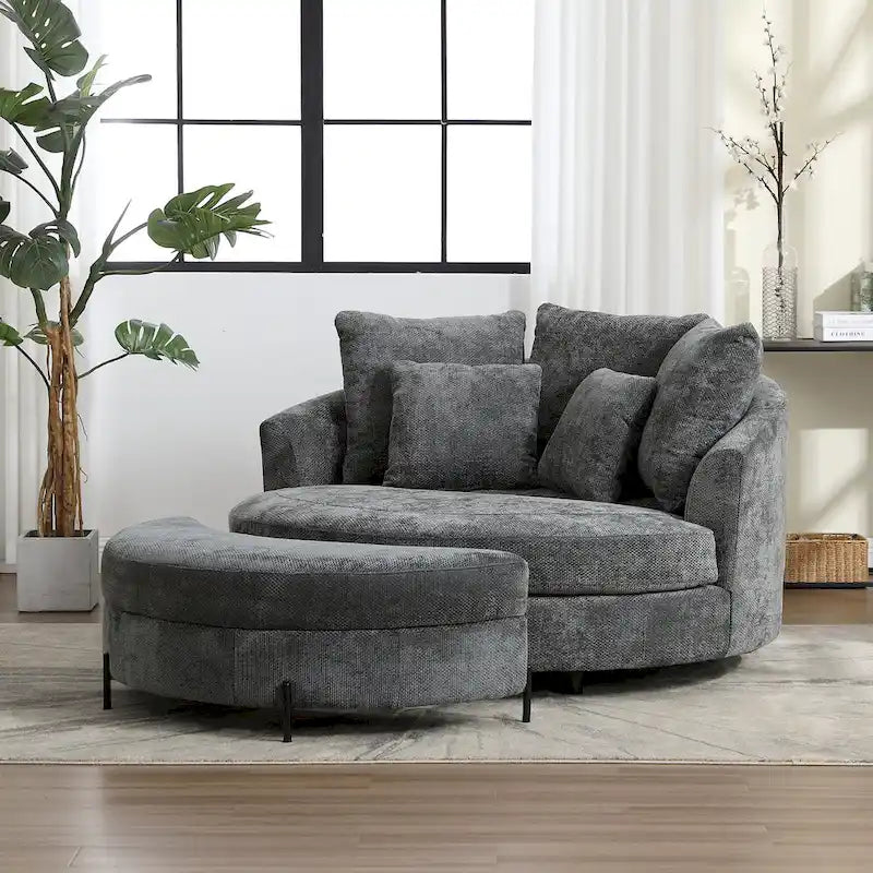Fauteuil tonneau moderne rond avec 5 coussins et pouf en option
