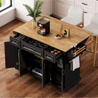 54 Îlot de cuisine grand format avec rallonge rabattable en bois d’hévéa, desserte de cuisine roulante à texture gaufrée sur 4 roulettes avec 4 portes et 3 tiroirs