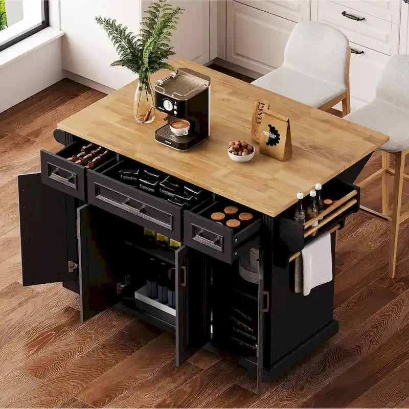 54 Îlot de cuisine grand format avec rallonge rabattable en bois d’hévéa, desserte de cuisine roulante à texture gaufrée sur 4 roulettes avec 4 portes et 3 tiroirs