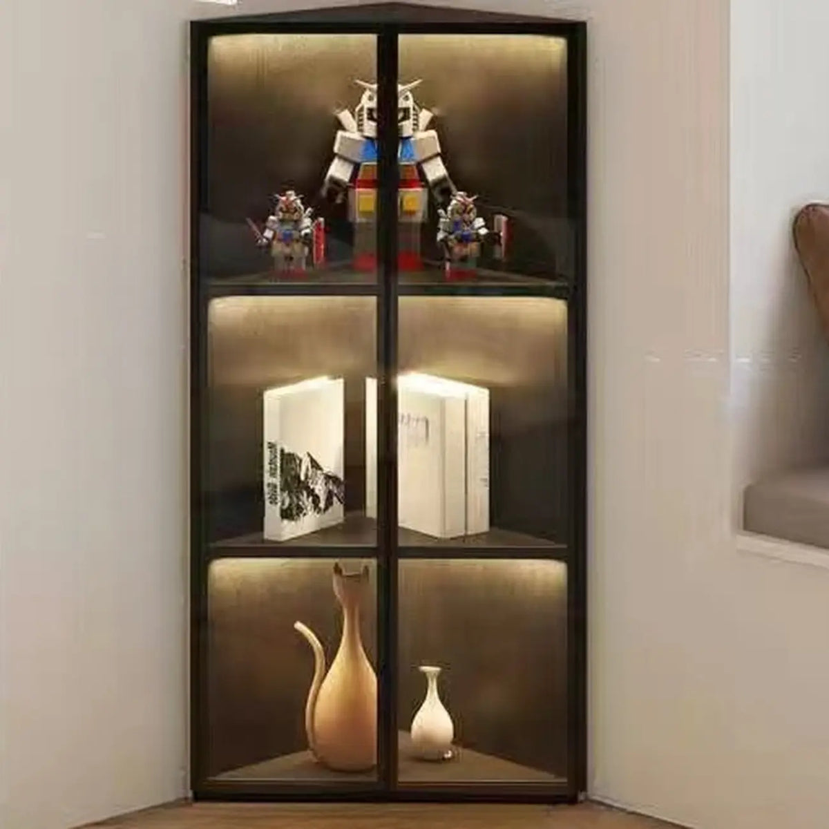 Mobile angolare moderno da esposizione in metallo e legno grigio con anta in vetro