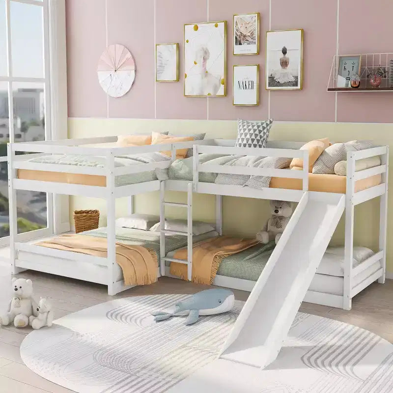 Lit superposé en L pour 4 enfants, lit superposé quadruple avec toboggan, structure en bois avec couchage double et simple pour chambre ou dortoir