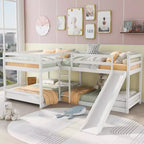 Lit superposé en L pour 4 enfants, lit superposé quadruple avec toboggan, structure en bois avec couchage double et simple pour chambre ou dortoir