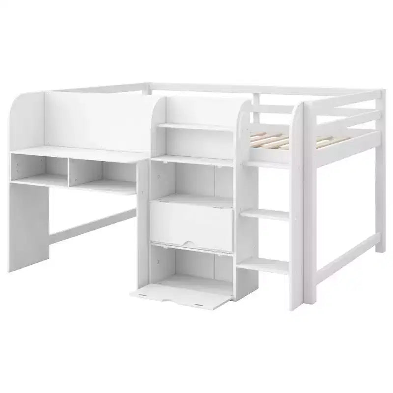 Lit mezzanine bas rose/blanc avec bureau, rangements et tableau blanc - 1 personne, 1 place