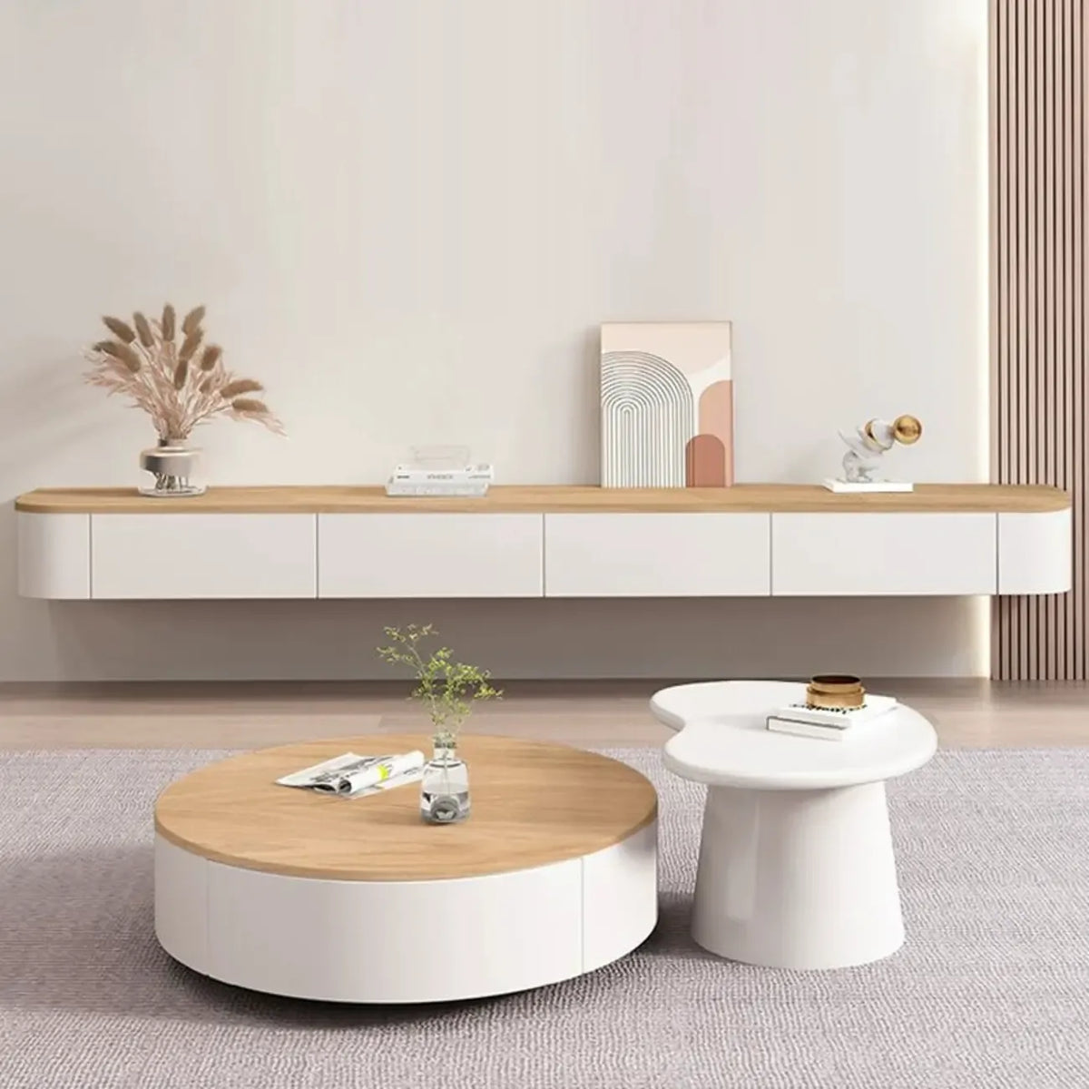 Mobile TV sospeso moderno, lungo e bianco, in legno, con cassetti