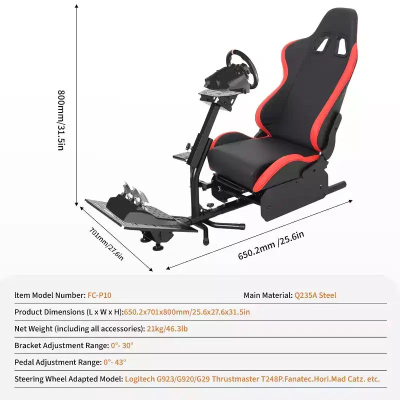 Cabina di guida pieghevole per simulatore di corse, supporto regolabile per volante G29/G920/G923, compatibile con Thrustmaster, Fanatec, Hori, Mad Catz, angolazione dei pedali regolabile