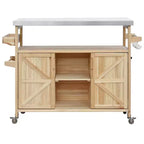 Îlot de cuisine extérieur Okak avec plateau en acier inoxydable, desserte de cuisine en bois avec portes, étagères et porte-épices, îlot de cuisine à roulettes