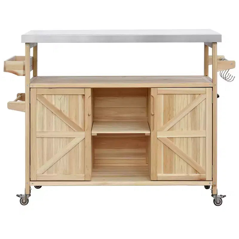 Îlot de cuisine extérieur Okak avec plateau en acier inoxydable, desserte de cuisine en bois avec portes, étagères et porte-épices, îlot de cuisine à roulettes