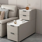 Tavolino laterale alto per divano, in legno a forma di L, con 4 cassetti e piano effetto pietra