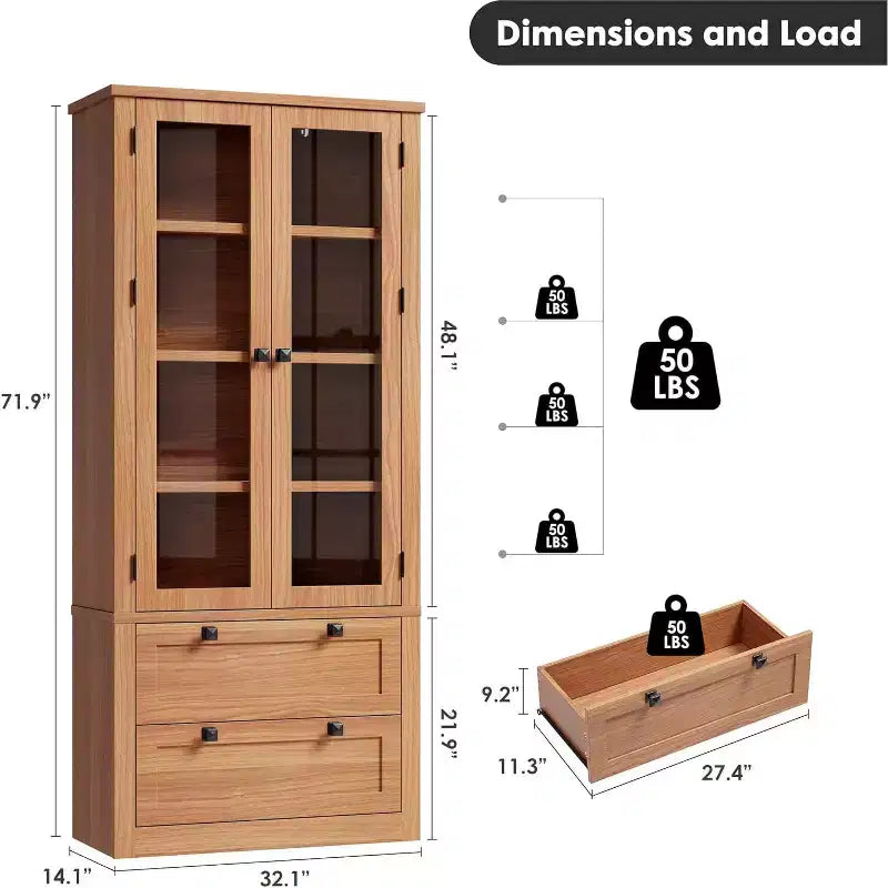 Dispensa da cucina in stile rustico con ante in vetro, mobile contenitore da 72 pollici con cassetti e ripiani regolabili per sala da pranzo, bagno e soggiorno