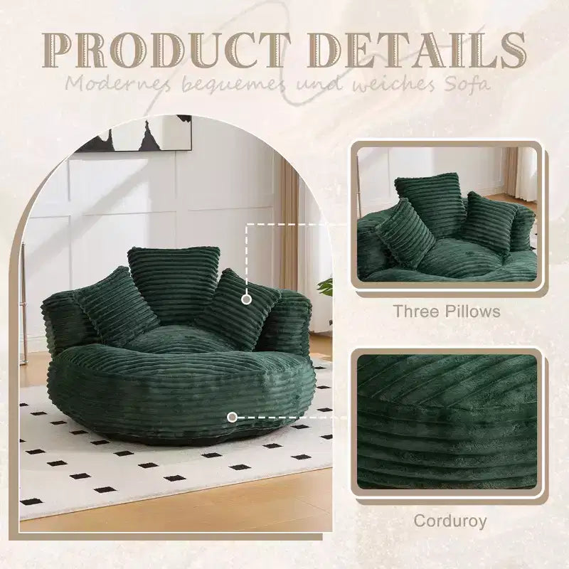 Sitzsack-Sofa für Erwachsene und Kinder, übergroßer Cord-Sitzsack mit 3 Kissen und Armlehne für Wohnzimmer oder Schlafzimmer