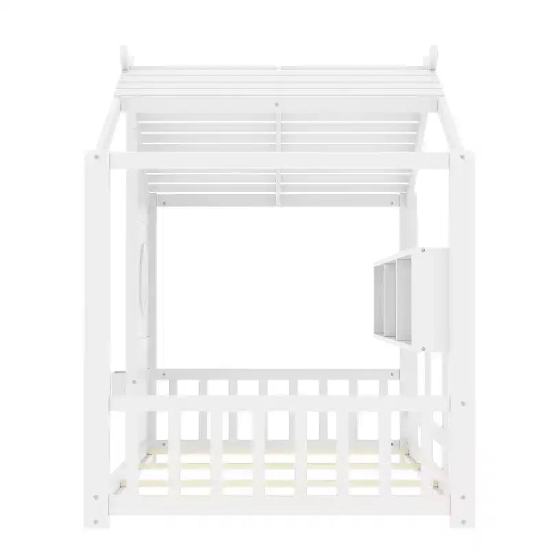 Cadre de lit plateforme en forme de maison, format une place et demie/double, lit cabane au sol pour tout-petit, lit Montessori pour enfant, lit maison de jeu avec étagère de rangement – ModernLuxe