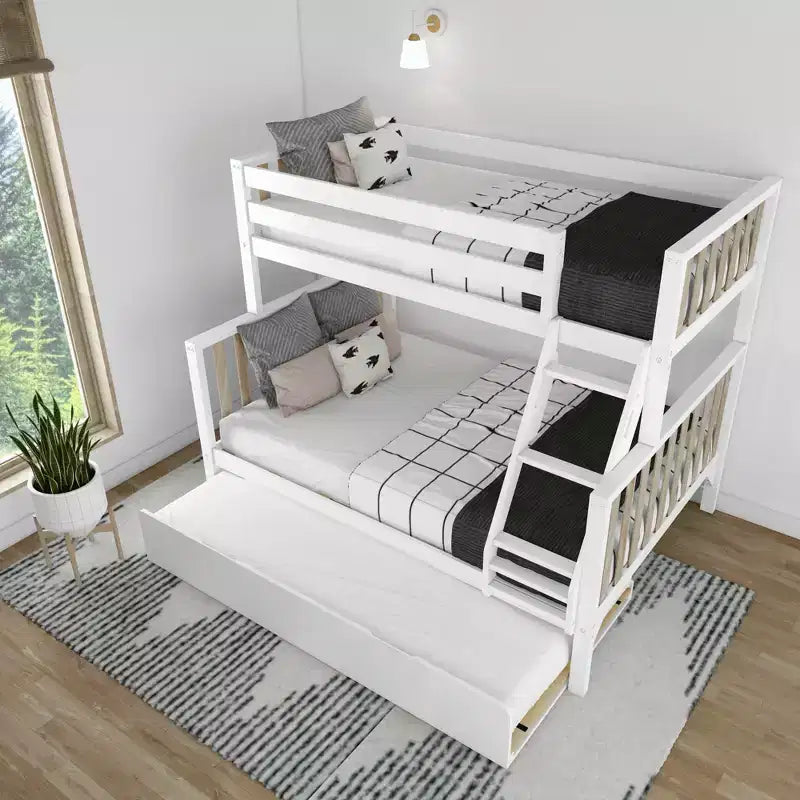 Letto a castello Max & Lily, singolo sopra matrimoniale con letto estraibile, in legno massello e stile scandinavo, per bambini