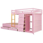 Full over Full Bunk Bed with Storage Wardrobe and Drawers, Full Size Wood Space-Saving Bunk Bed with Guardrail for Apartment, Bedroom