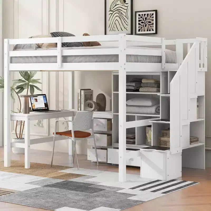 Letto a soppalco singolo con scrivania a L, 3 cassetti, armadietto e spazio contenitore nella scala, struttura in pino massello e MDF