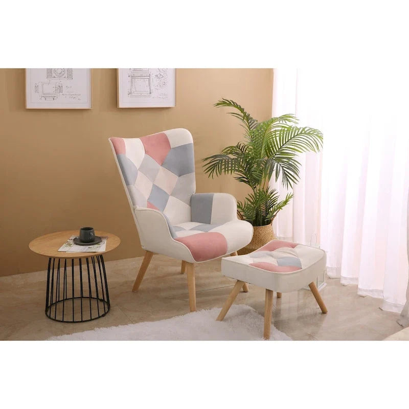 Fauteuil d’appoint avec pouf, ensemble fauteuil et pouf pour le salon, fauteuil d’appoint confortable avec accoudoirs pour la chambre, revêtement en tissu à motifs créatifs