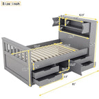 Lit plateforme de capitaine Twin/Full avec 4 tiroirs et étagères de rangement, structure en bois massif avec tête de lit bibliothèque et rangements