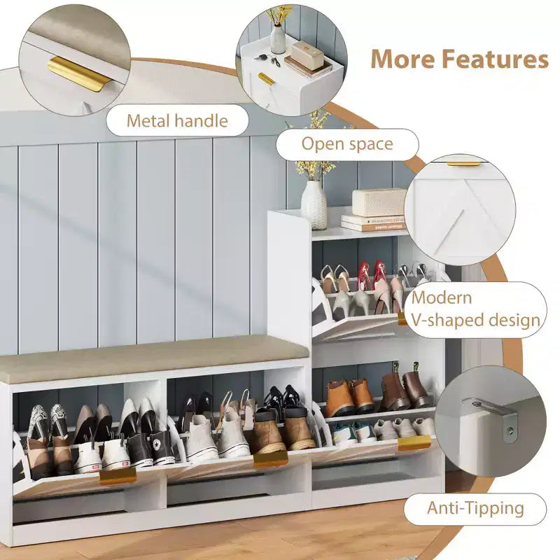 Meuble à chaussures de style maison de campagne avec banc, 4 tiroirs basculants, organisateur de rangement pour chaussures d’entrée avec assise rembourrée confortable, banc à chaussures autoportant