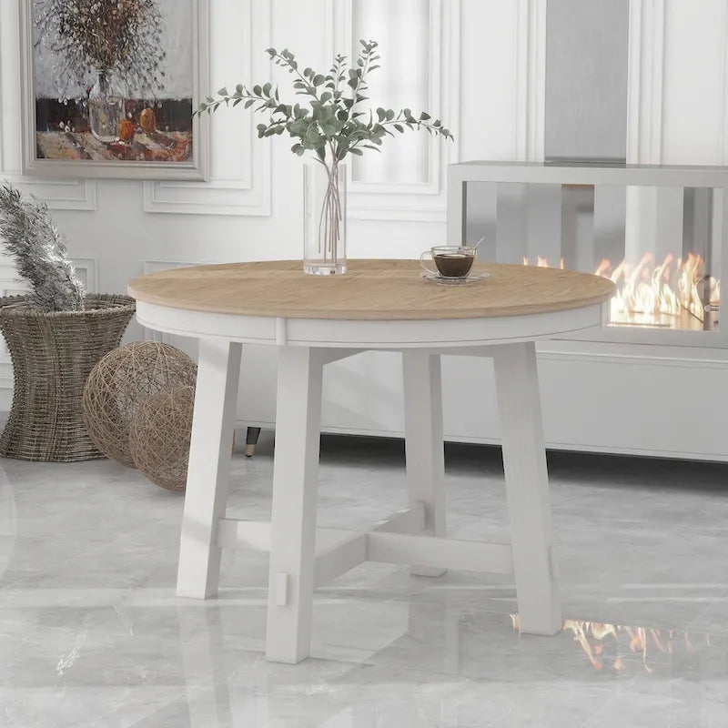 Farmhouse Round Extendable Dining Table with 16 Leaf Wood Kitchen Table