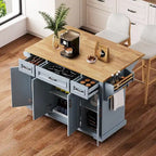54 Îlot de cuisine grand format avec rallonge rabattable en bois d’hévéa, desserte de cuisine roulante à texture gaufrée sur 4 roulettes avec 4 portes et 3 tiroirs