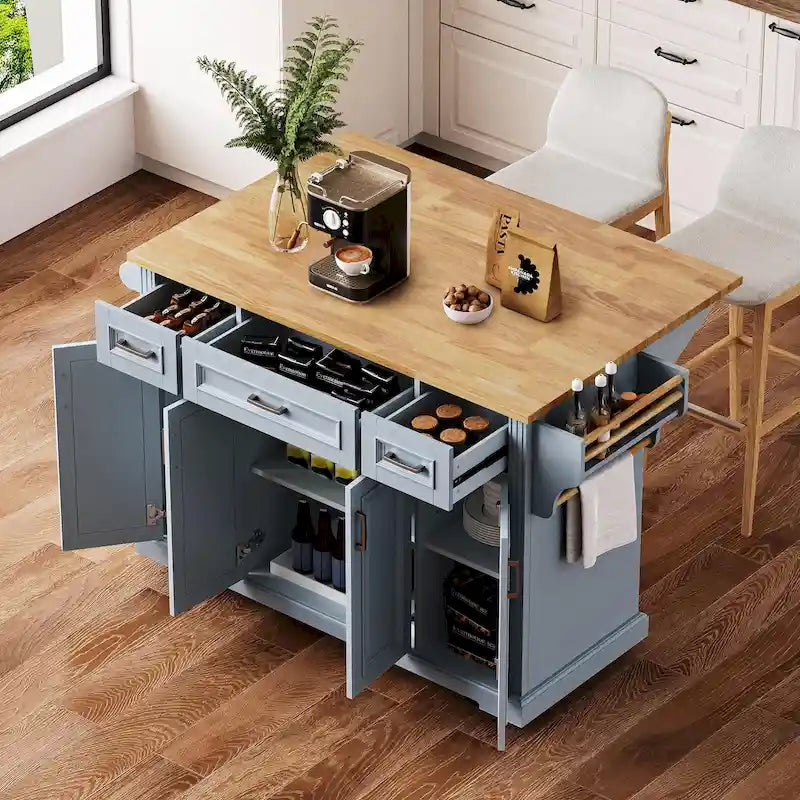 54 Îlot de cuisine grand format avec rallonge rabattable en bois d’hévéa, desserte de cuisine roulante à texture gaufrée sur 4 roulettes avec 4 portes et 3 tiroirs