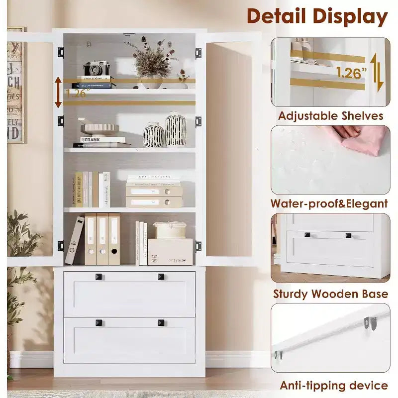 Dispensa da cucina in stile rustico con ante in vetro, mobile contenitore da 72 pollici con cassetti e ripiani regolabili per sala da pranzo, bagno e soggiorno