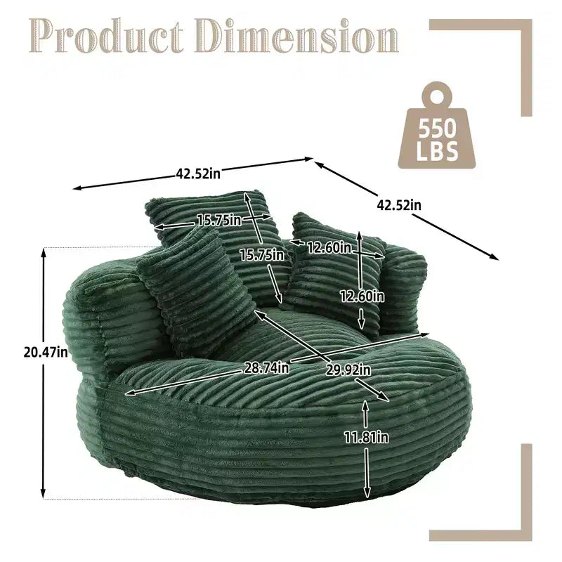 Sitzsack-Sofa für Erwachsene und Kinder, übergroßer Cord-Sitzsack mit 3 Kissen und Armlehne für Wohnzimmer oder Schlafzimmer
